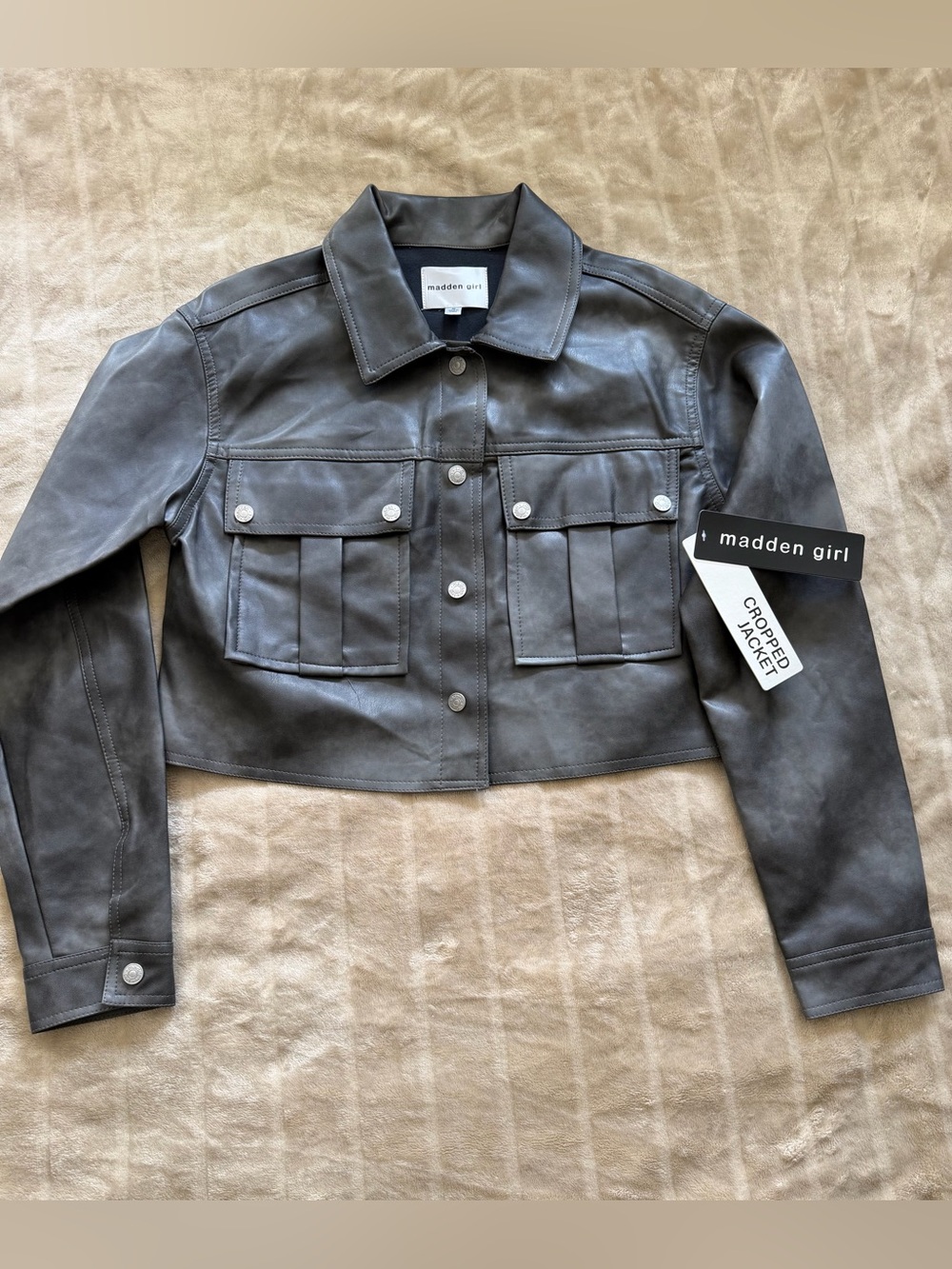 Madden Girl Cropped Charcoal Leather Jacket